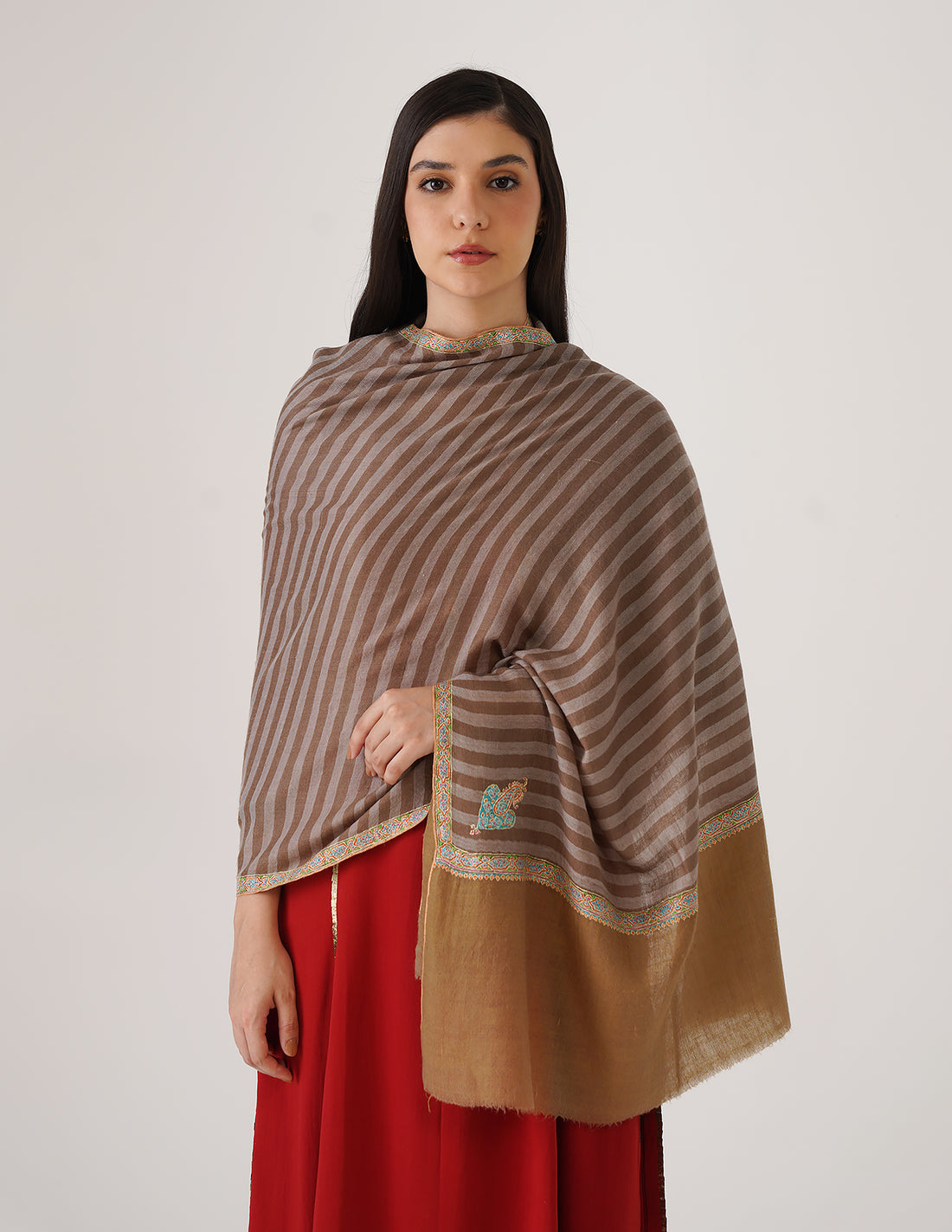 Kashmiri Handwoven Pashmina Sozni Stole Hashidaar Stripes – Brown &amp; Grey | Handwoven Heritage - Kashmir Box