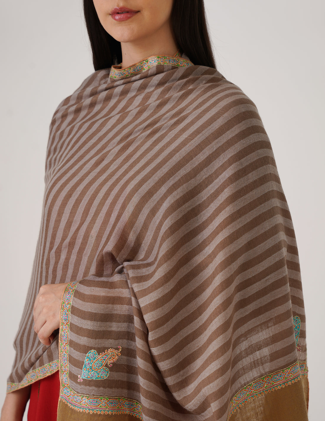 Kashmiri Handwoven Pashmina Sozni Stole Hashidaar Stripes – Brown &amp; Grey | Handwoven Heritage - Kashmir Box