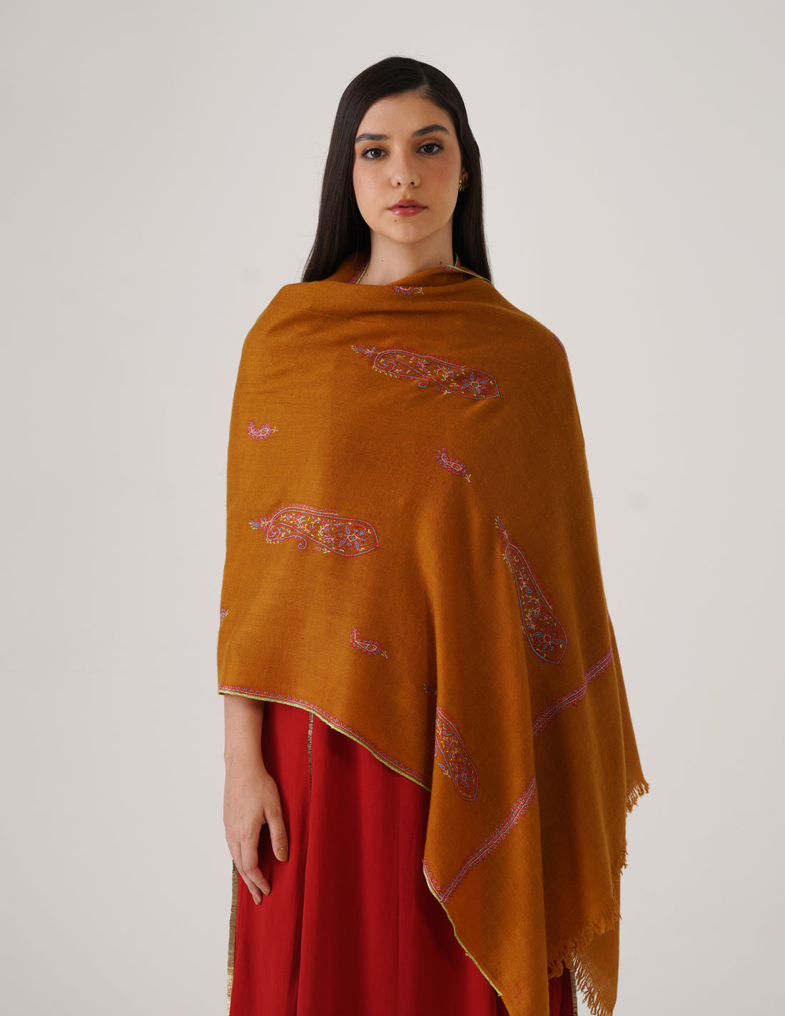 Kashmiri Handwoven Pashmina Sozni Stole Bootidar – Mustard | Handwoven Heritage - Kashmir Box