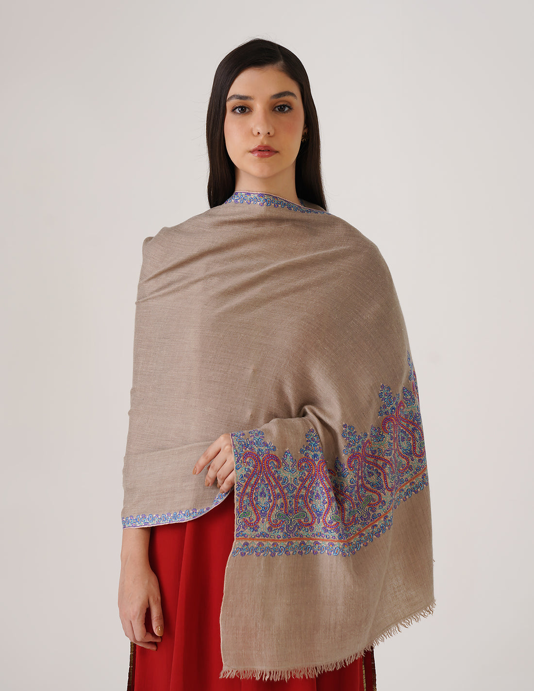 Kashmiri Handwoven Pashmina Sozni Palladar Stole – Natural with Blue Embroidery | Luxury Heritage - Kashmir Box
