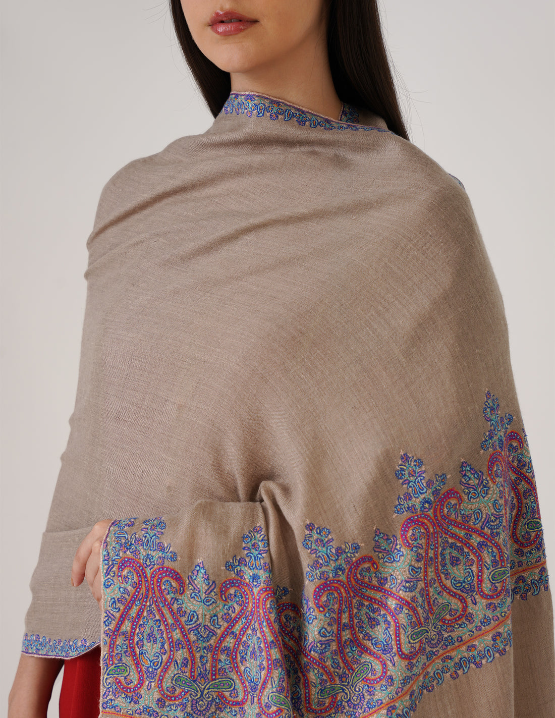 Kashmiri Handwoven Pashmina Sozni Palladar Stole – Natural with Blue Embroidery | Luxury Heritage - Kashmir Box