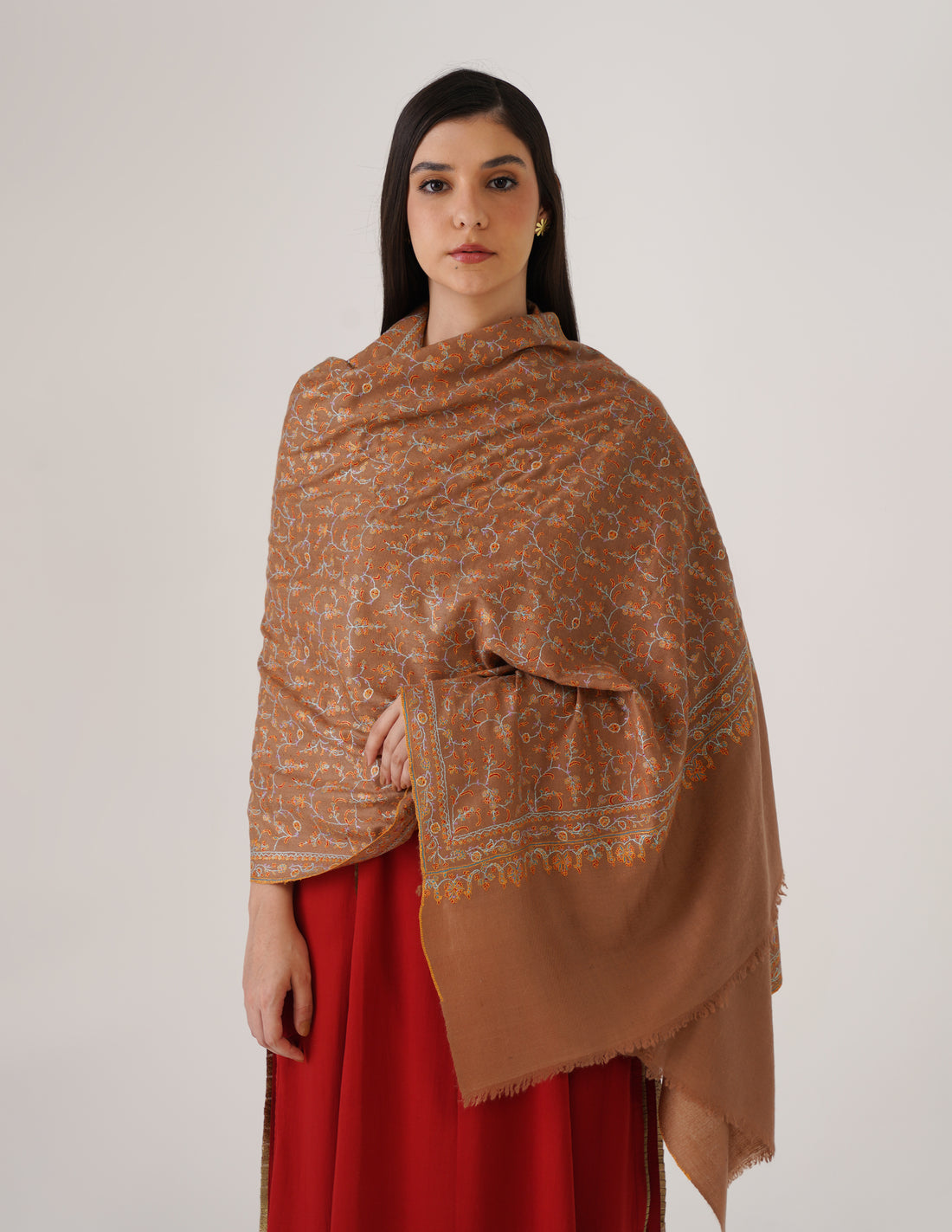 Kashmiri Handwoven Pashmina Sozni Stole Heavy Jaalidar – Tobacco Brown | Handwoven Heritage - Kashmir Box