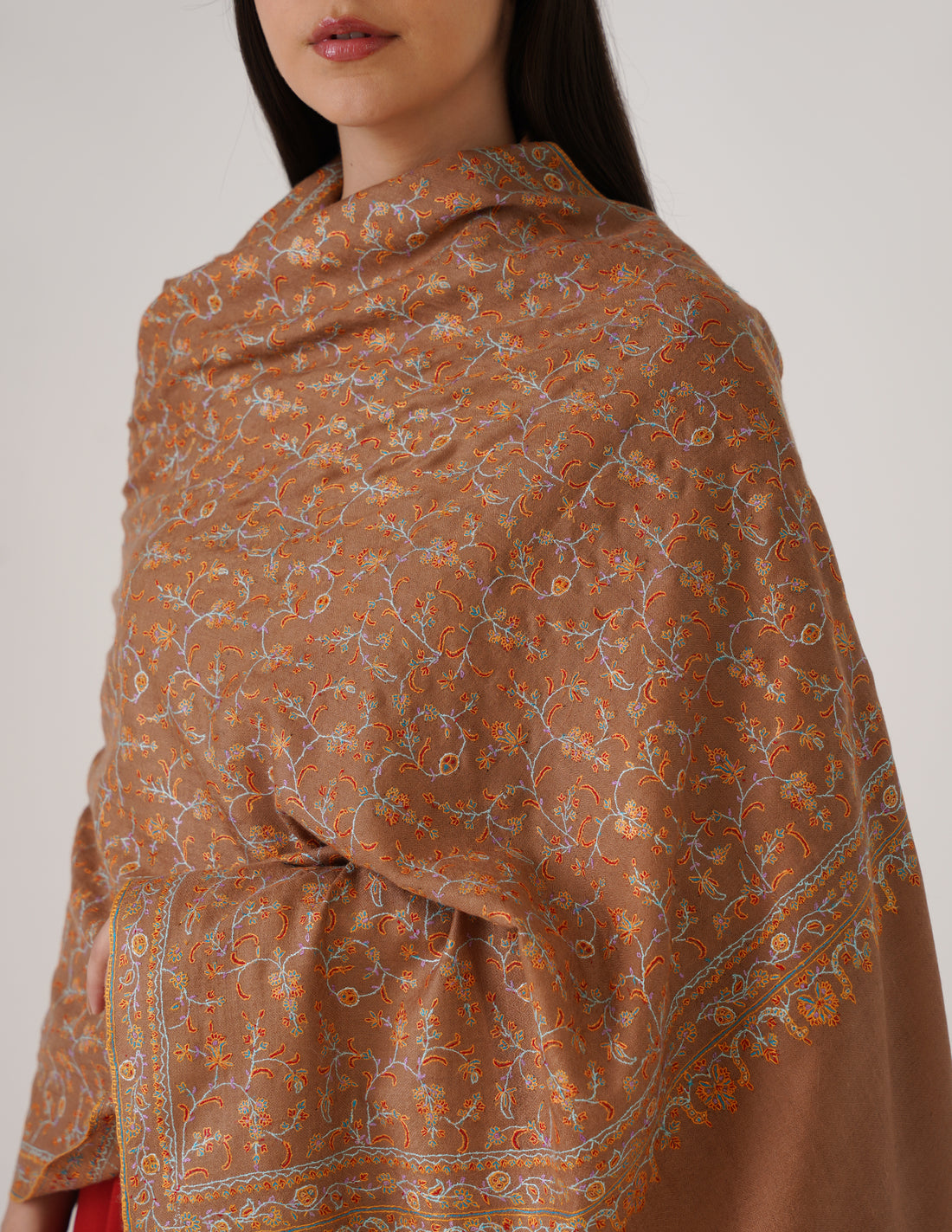 Kashmiri Handwoven Pashmina Sozni Stole Heavy Jaalidar – Tobacco Brown | Handwoven Heritage - Kashmir Box