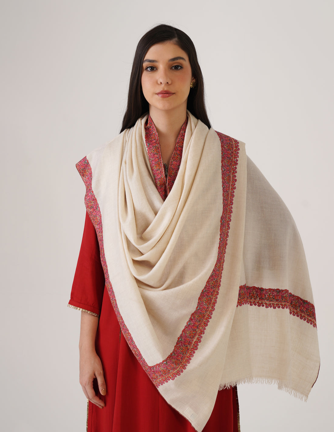 Kashmiri Handwoven Pashmina Sozni Stole Neemdore – Off White | Handwoven Heritage - Kashmir Box
