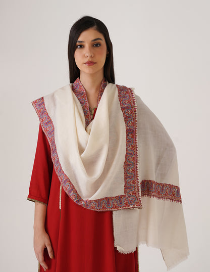 Kashmiri Handwoven Pashmina Sozni Stole Neemdore – Off White | Handwoven Heritage - Kashmir Box