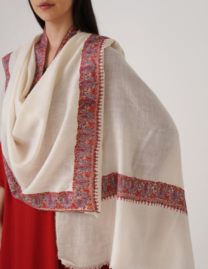 Kashmiri Handwoven Pashmina Sozni Shawl Neemdore – White | Handwoven Heritage | GI Certified - Kashmir Box
