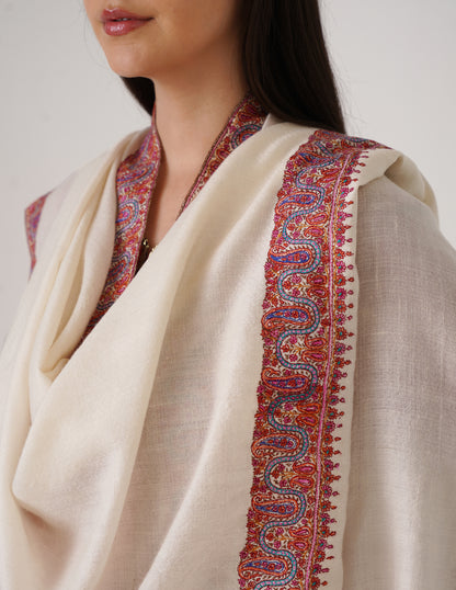 Kashmiri Handwoven Pashmina Sozni Shawl Neemdore – White | Handwoven Heritage | GI Certified - Kashmir Box