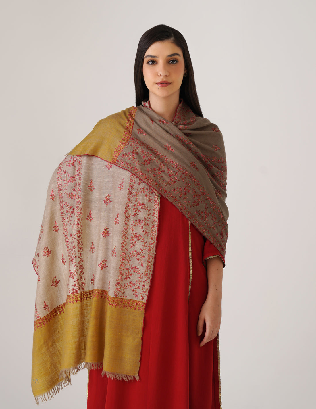 Kashmiri Handwoven Pashmina Sozni Stole Modern Design – Mustard Natural | Handwoven Heritage - Kashmir Box