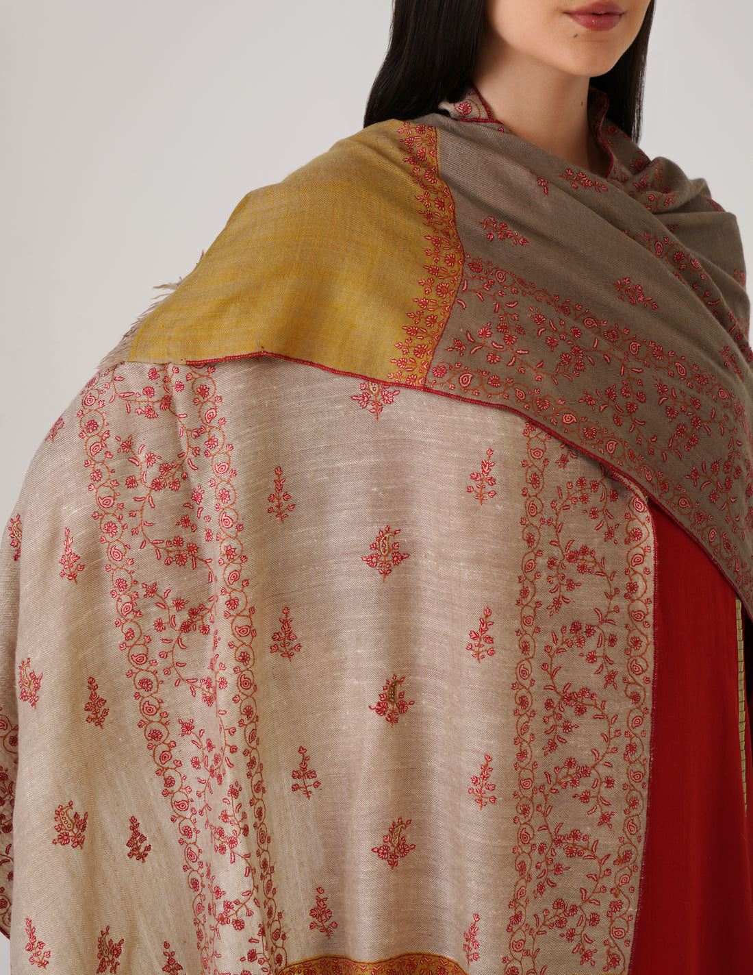 Kashmiri Handwoven Pashmina Sozni Stole Modern Design – Mustard Natural | Handwoven Heritage - Kashmir Box