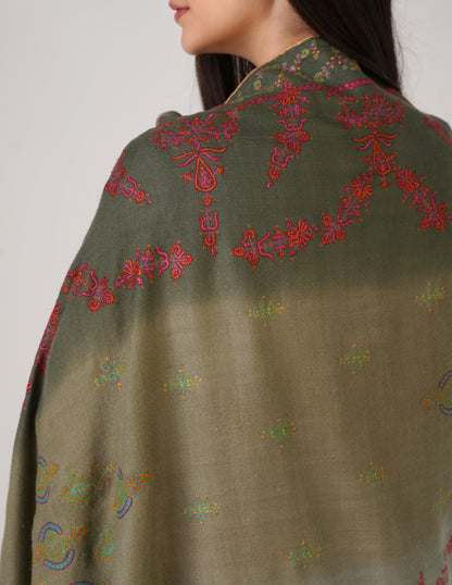 Kashmiri Handwoven Pashmina Sozni Stole Modern Design – Ombre Green | Handwoven Heritage - Kashmir Box