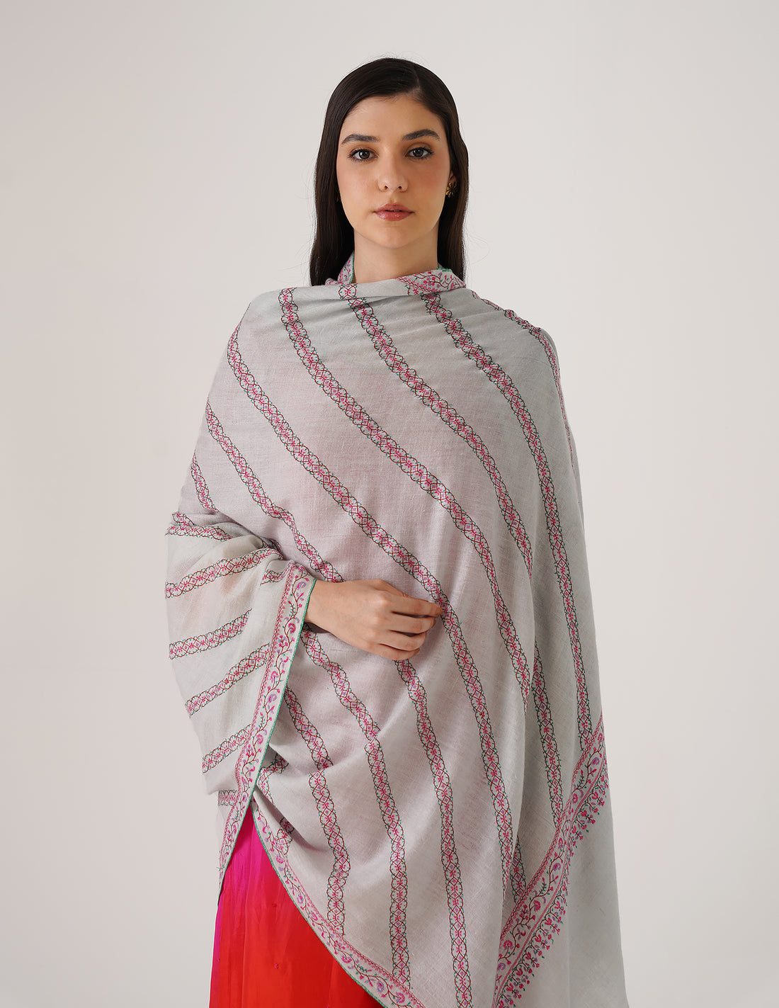 Kashmiri Handwoven Pashmina Sozni Shawl Khatiraas – Light Grey | Handwoven Heritage - Kashmir Box