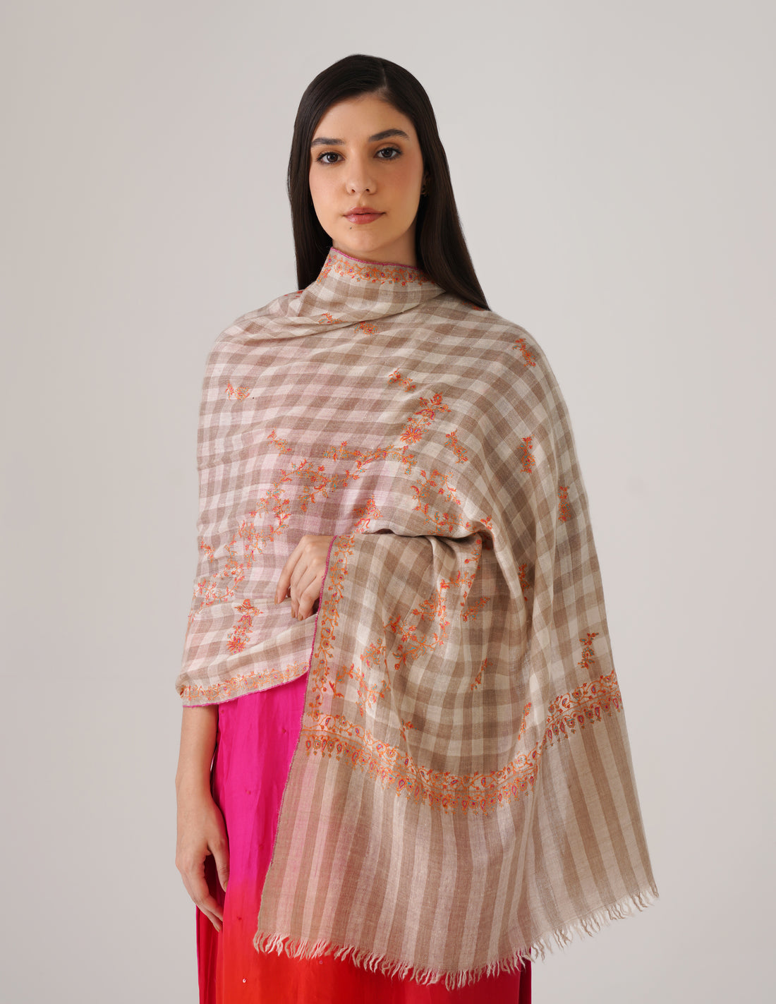 Kashmiri Handwoven Pashmina Sozni Stole Modern Checkered – Natural Undyed | Handwoven Heritage - Kashmir Box