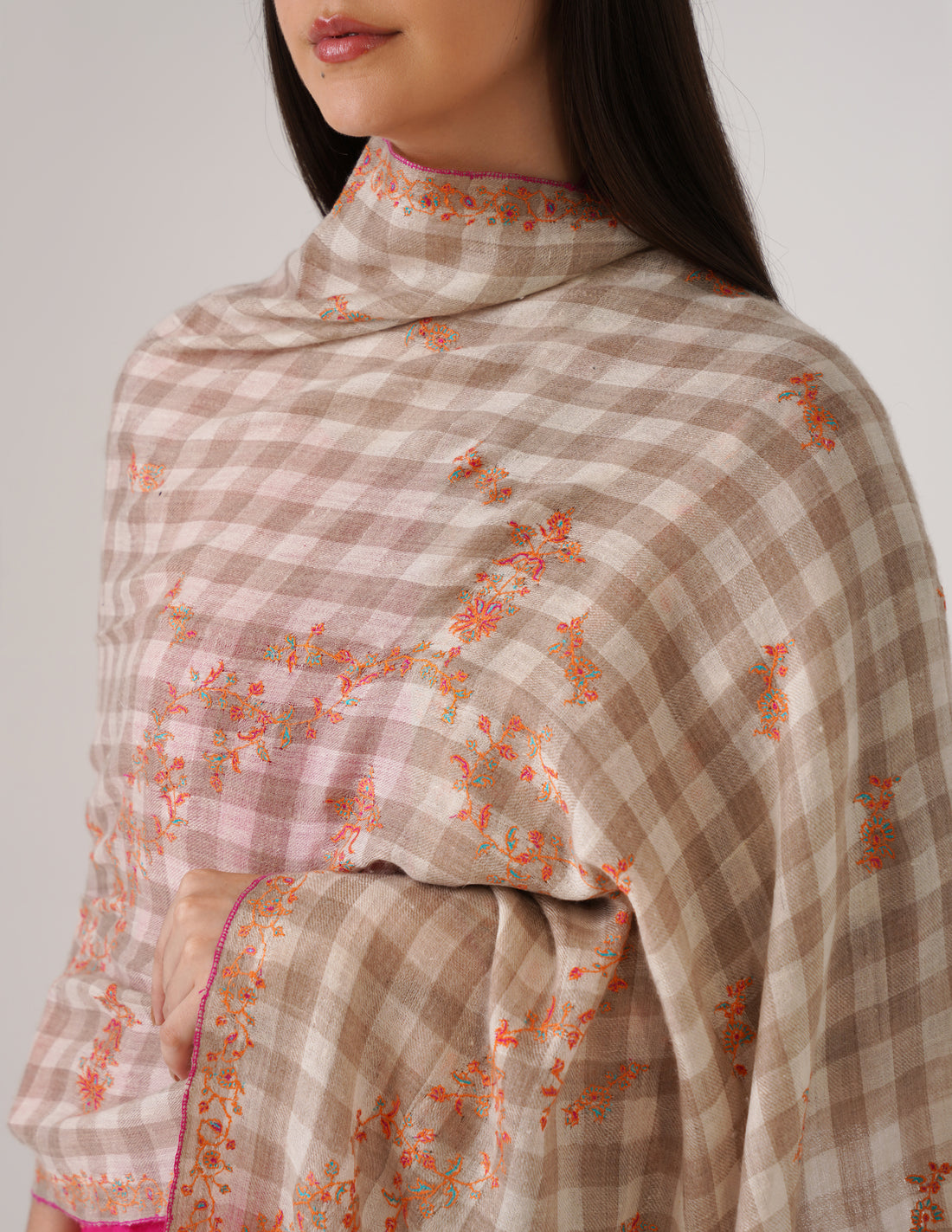 Kashmiri Handwoven Pashmina Sozni Stole Modern Checkered – Natural Undyed | Handwoven Heritage - Kashmir Box