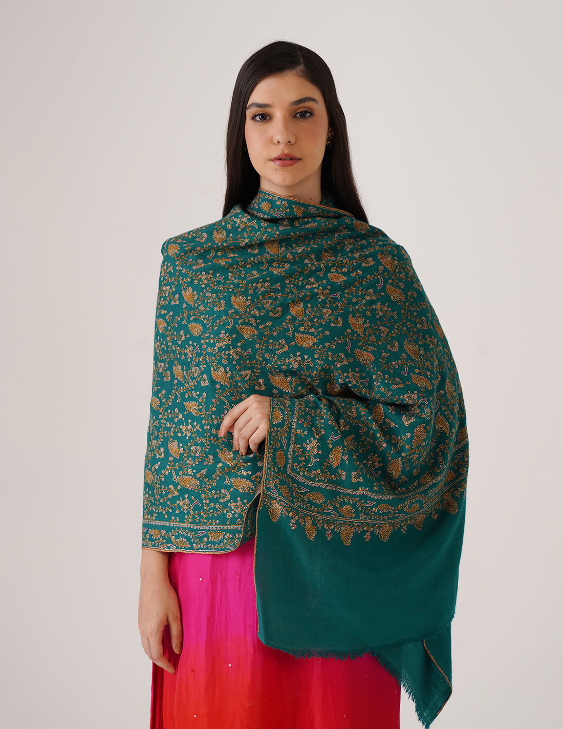Kashmiri Handwoven Pashmina Sozni Stole Jaalidar Heavy – Antique Green | Handwoven Heritage - Kashmir Box