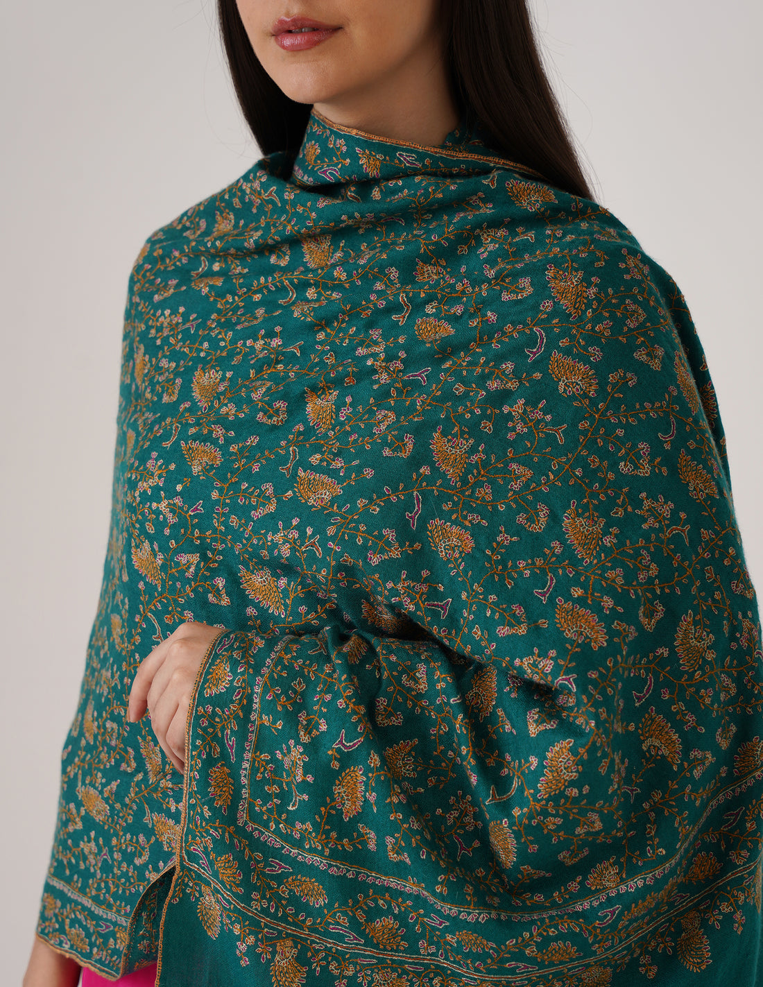 Kashmiri Handwoven Pashmina Sozni Stole Jaalidar Heavy – Antique Green | Handwoven Heritage - Kashmir Box