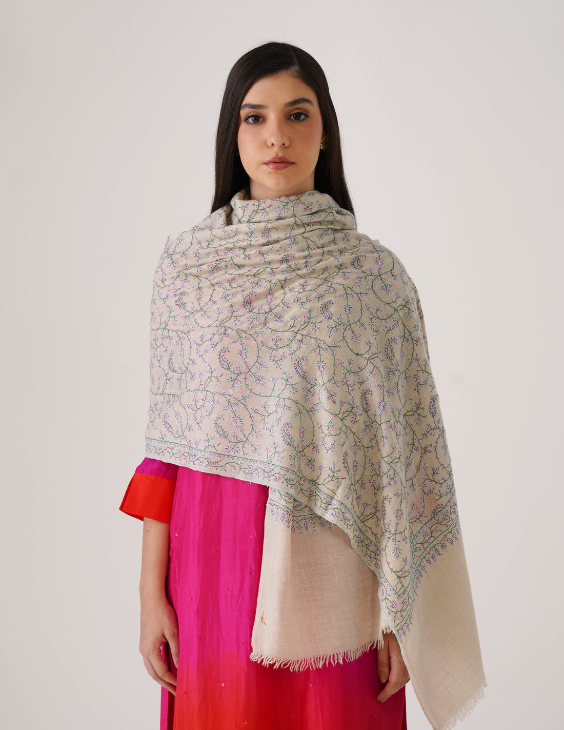 Kashmiri Handwoven Pashmina Sozni Stole Heavy Jaalidar – Off White | Handwoven Heritage - Kashmir Box