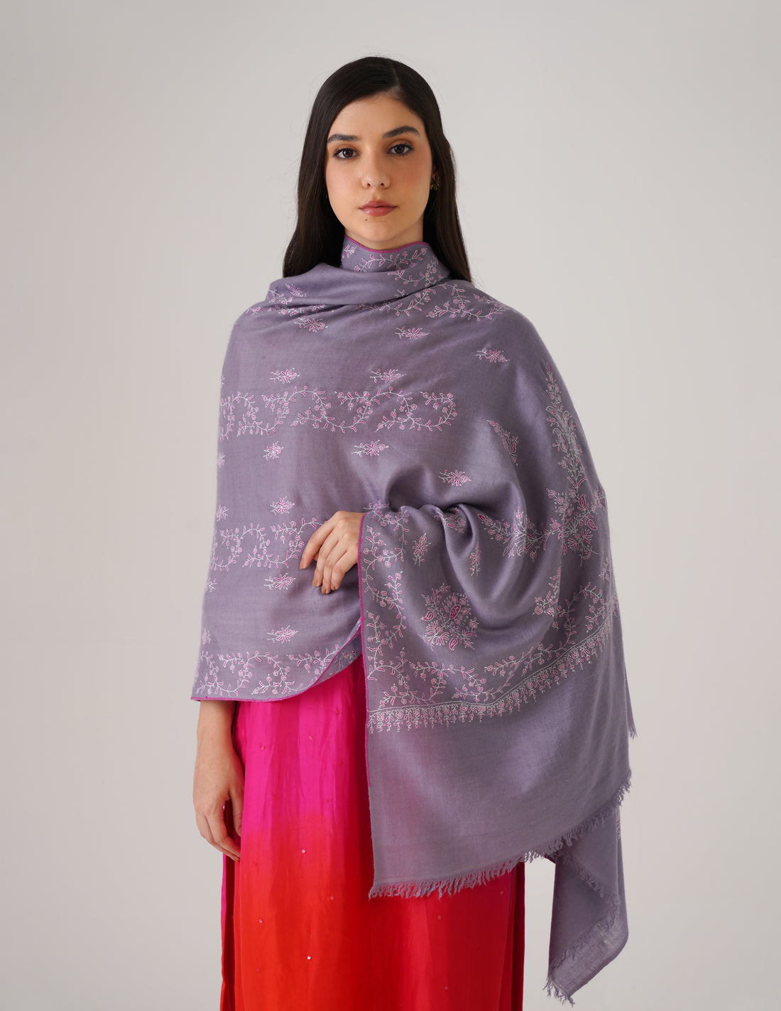Kashmiri Handwoven Pashmina Sozni Stole Modern Design – Grey with White &amp; Pink | Handwoven Heritage - Kashmir Box