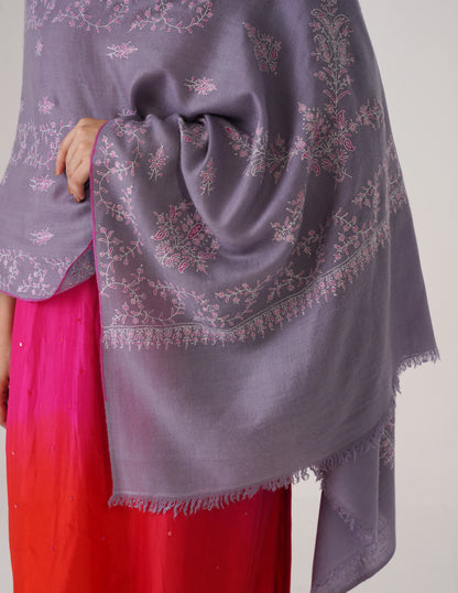 Kashmiri Handwoven Pashmina Sozni Stole Modern Design – Grey with White &amp; Pink | Handwoven Heritage - Kashmir Box