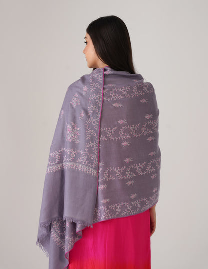 Kashmiri Handwoven Pashmina Sozni Stole Modern Design – Grey with White &amp; Pink | Handwoven Heritage - Kashmir Box