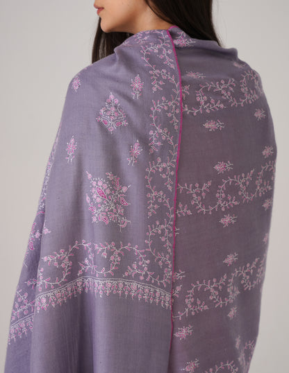 Kashmiri Handwoven Pashmina Sozni Stole Modern Design – Grey with White &amp; Pink | Handwoven Heritage - Kashmir Box