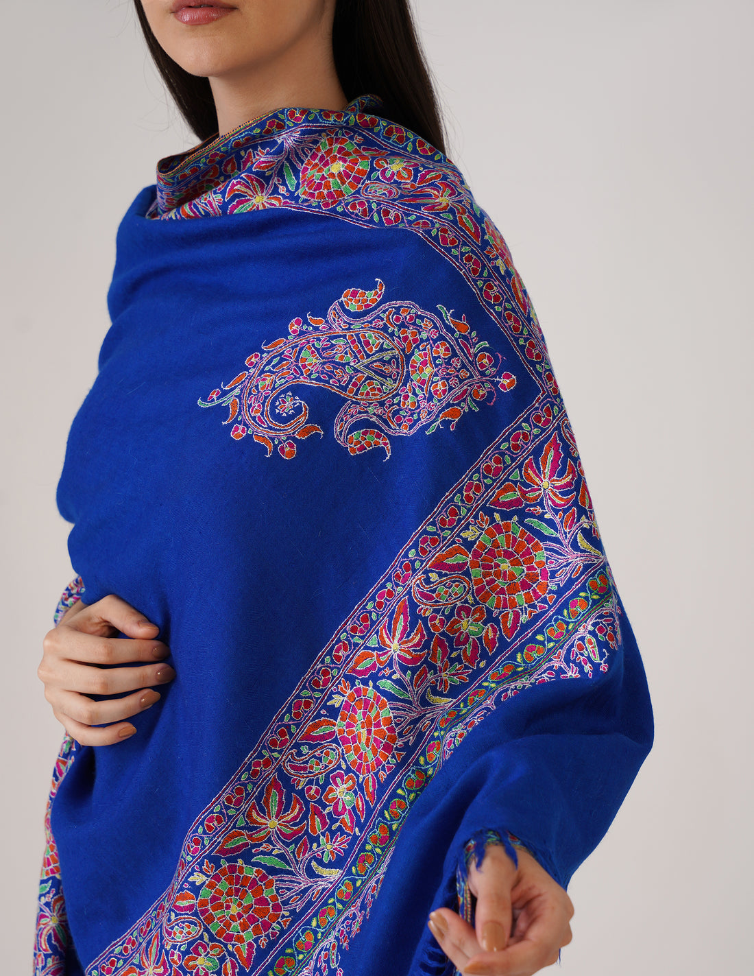 Kashmiri Handwoven Pashmina Sozni Shawl Doredaar – Blue | Handwoven Heritage | GI Certified - Kashmir Box