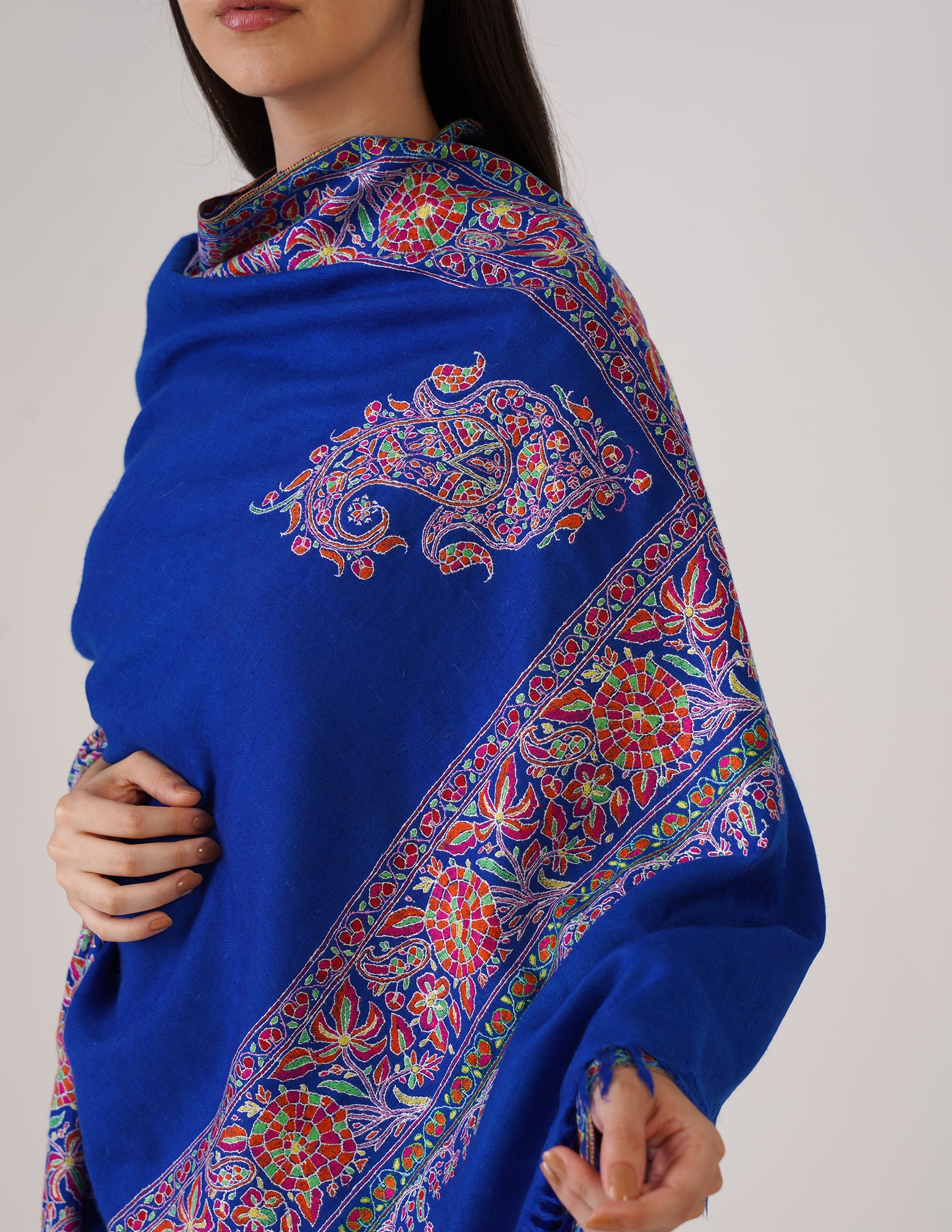 Kashmiri Handwoven Pashmina Sozni Shawl Doredaar – Blue | Handwoven Heritage | GI Certified - Kashmir Box