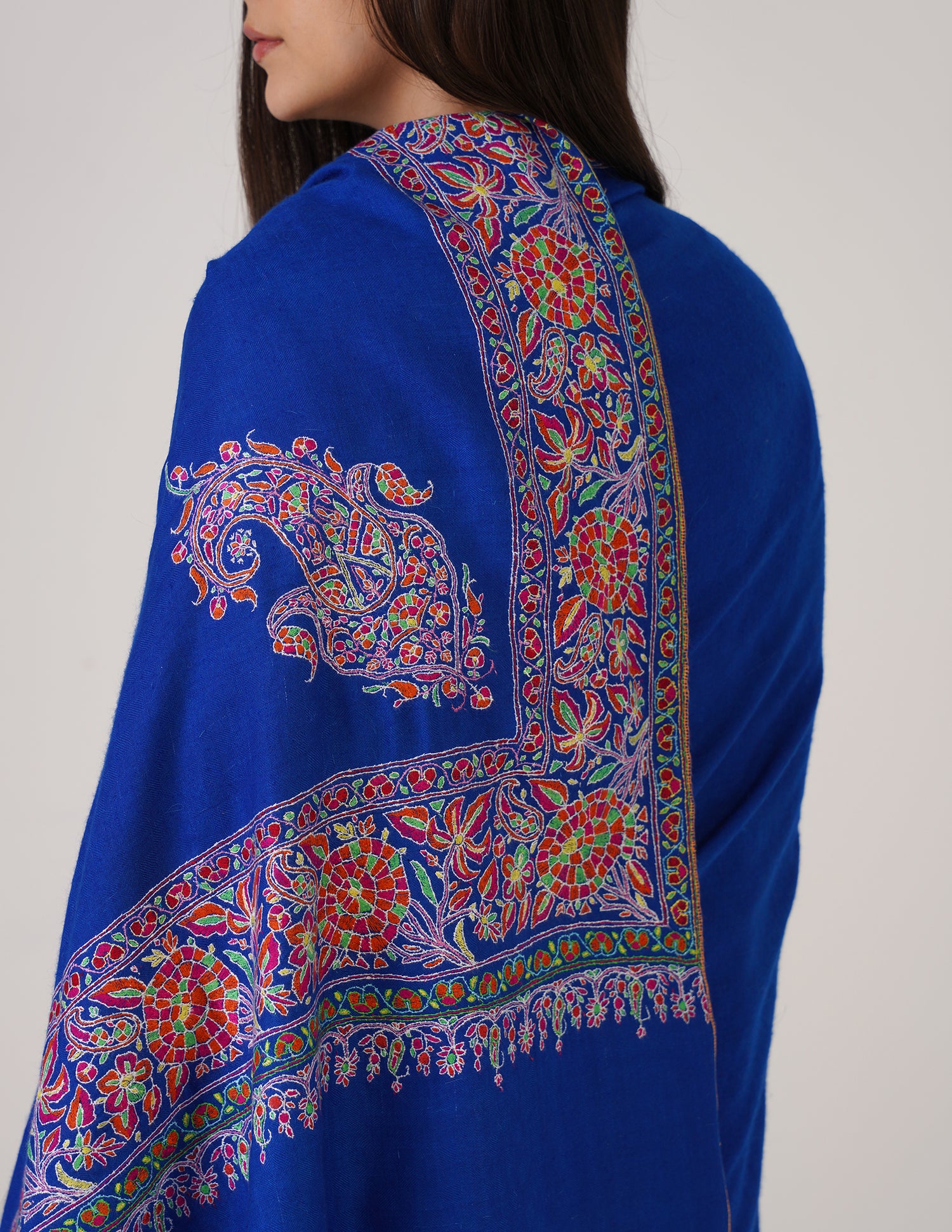 Kashmiri Handwoven Pashmina Sozni Shawl Doredaar – Blue | Handwoven Heritage | GI Certified - Kashmir Box