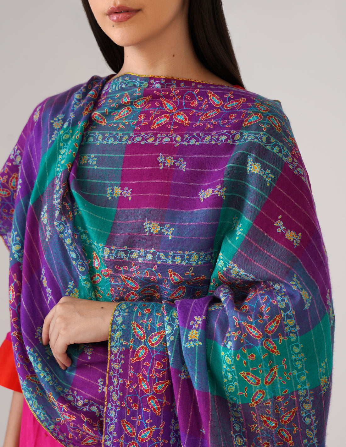 Kashmiri Handwoven Pashmina Sozni Stole Modern Checkered – Natural Undyed | Handwoven Heritage (Copy) - Kashmir Box