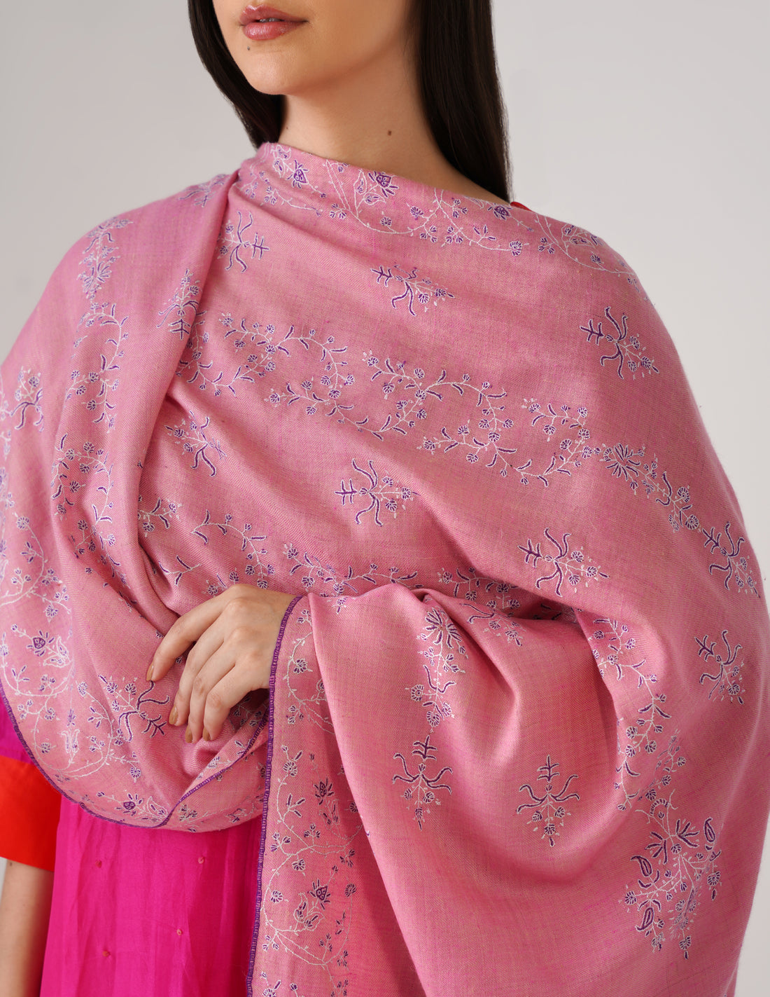Kashmiri Handwoven Pashmina Sozni Stole Modern Design – Pink | Handwoven Heritage - Kashmir Box