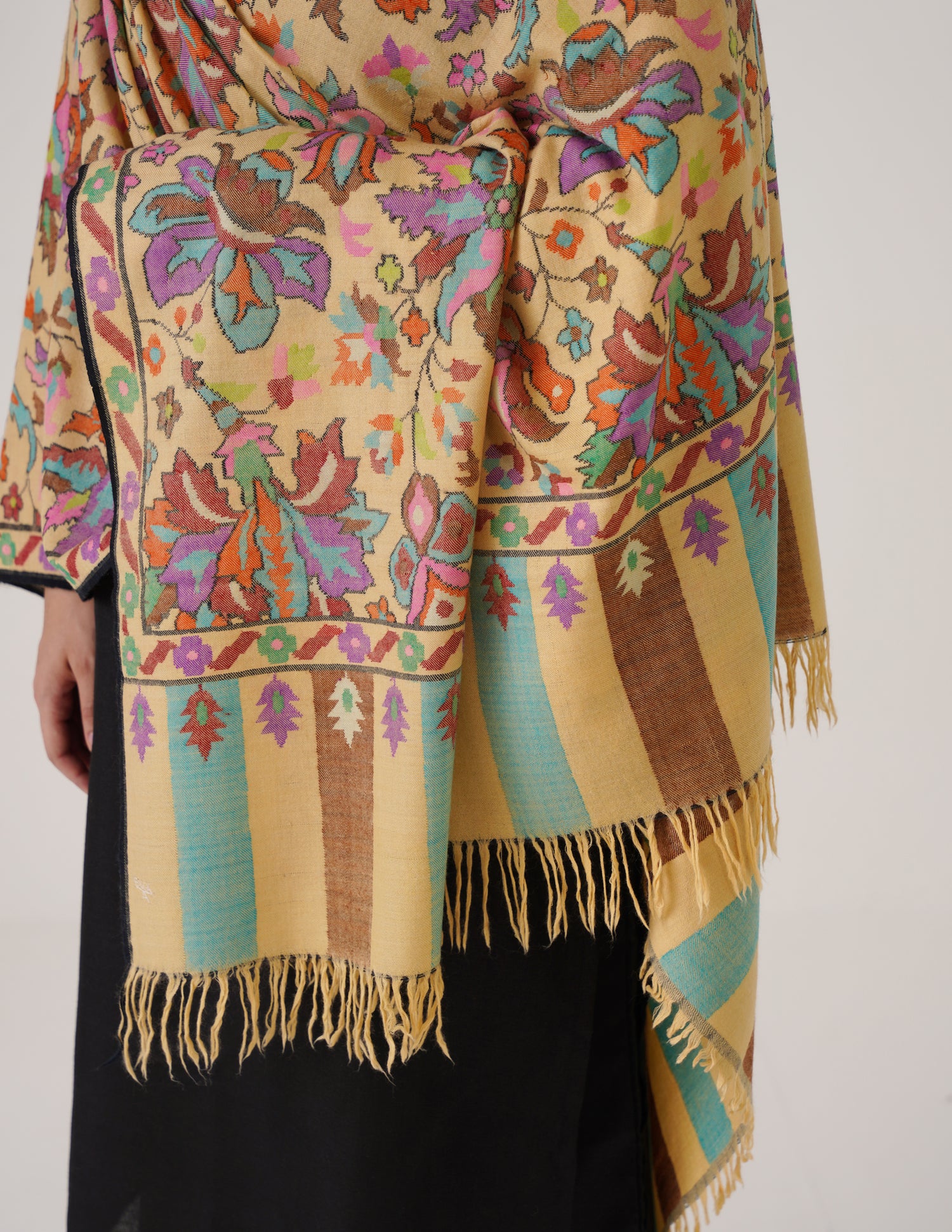 Kashmiri Handwoven Kani Embroidered Pashmina Shawl – Golden Beige | Kalamkari Heritage - Kashmir Box