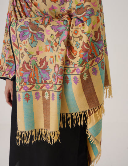 Kashmiri Handwoven Kani Embroidered Pashmina Shawl – Golden Beige | Kalamkari Heritage - Kashmir Box