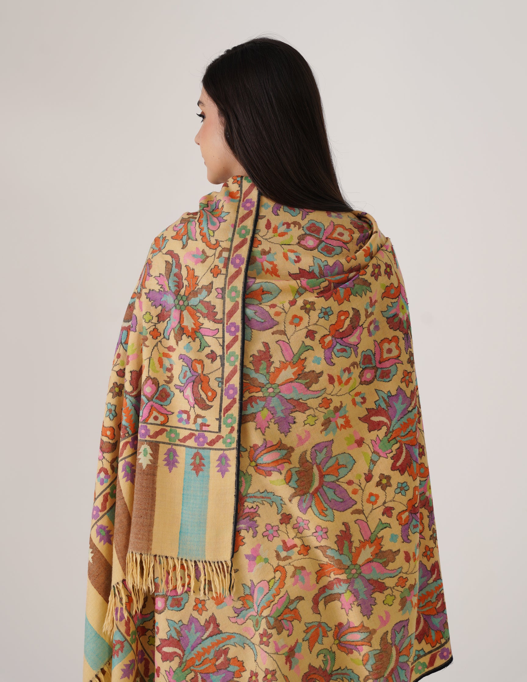 Kashmiri Handwoven Kani Embroidered Pashmina Shawl – Golden Beige | Kalamkari Heritage - Kashmir Box