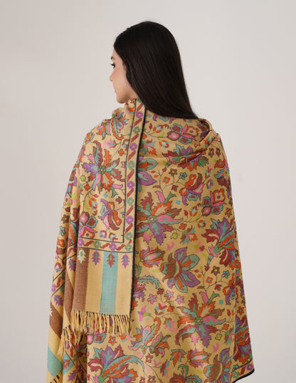 Kashmiri Handwoven Kani Embroidered Pashmina Shawl – Golden Beige | Kalamkari Heritage - Kashmir Box