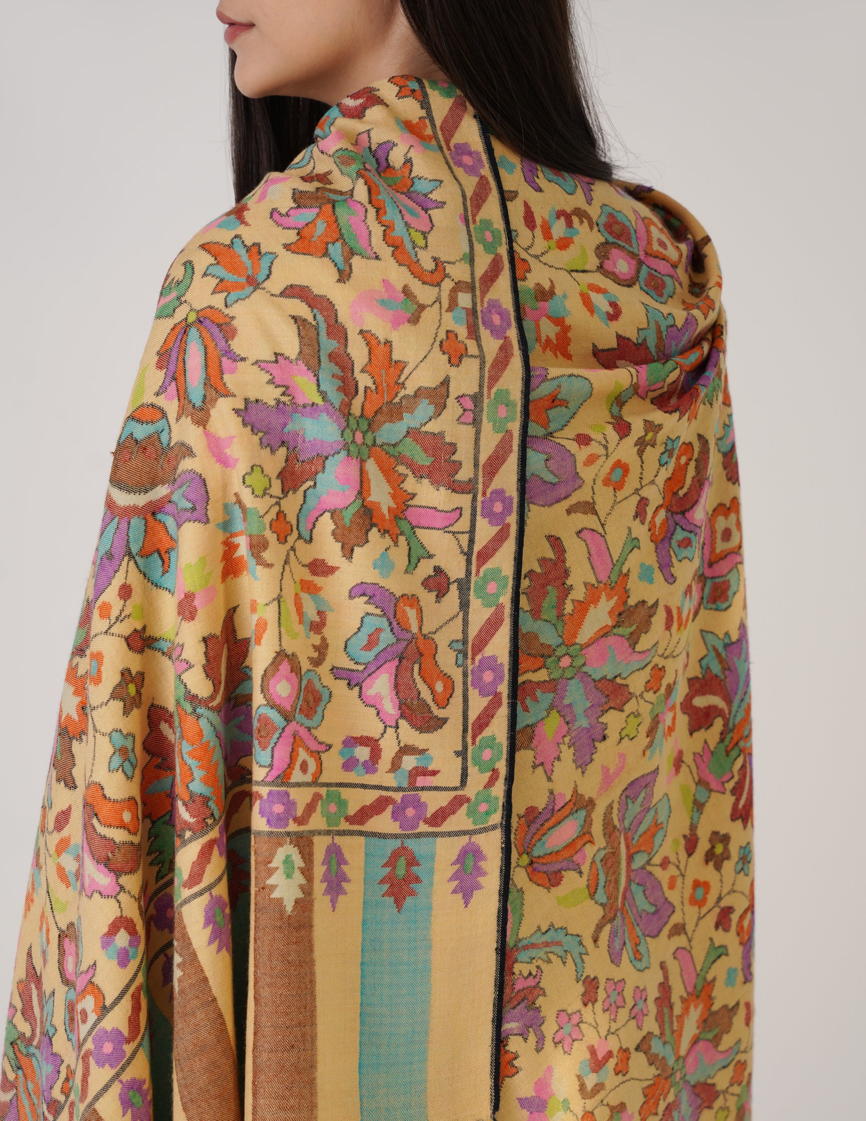 Kashmiri Handwoven Kani Embroidered Pashmina Shawl – Golden Beige | Kalamkari Heritage - Kashmir Box