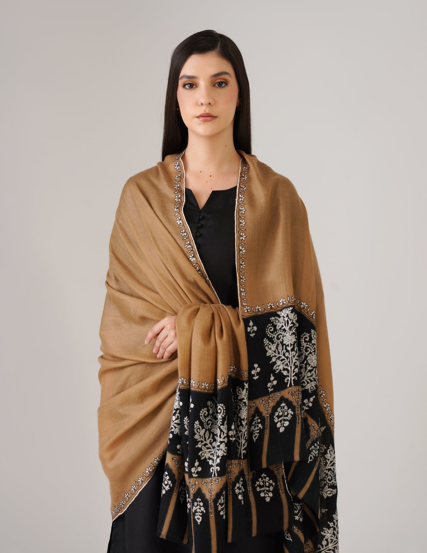 Kashmiri Handwoven Pashmina Sozni Shawl Modern Design – Black &amp; Brown | Handwoven Heritage - Kashmir Box