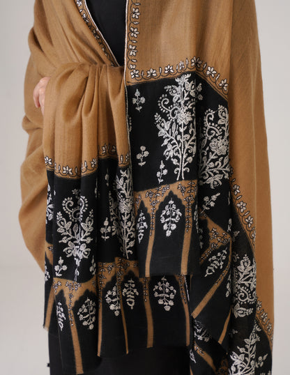 Kashmiri Handwoven Pashmina Sozni Shawl Modern Design – Black &amp; Brown | Handwoven Heritage - Kashmir Box