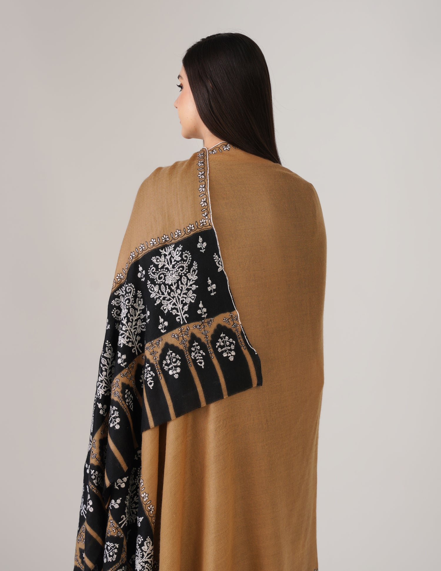 Kashmiri Handwoven Pashmina Sozni Shawl Modern Design – Black &amp; Brown | Handwoven Heritage - Kashmir Box