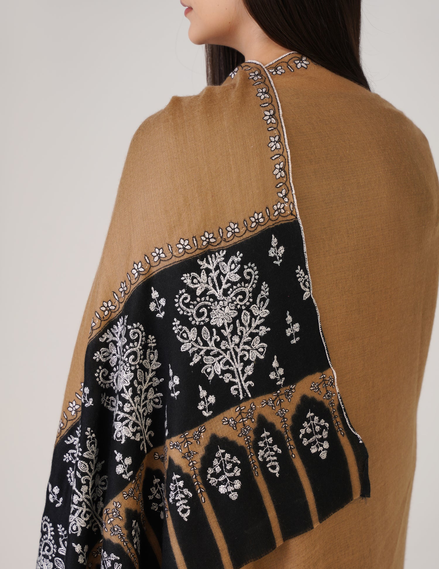 Kashmiri Handwoven Pashmina Sozni Shawl Modern Design – Black &amp; Brown | Handwoven Heritage - Kashmir Box