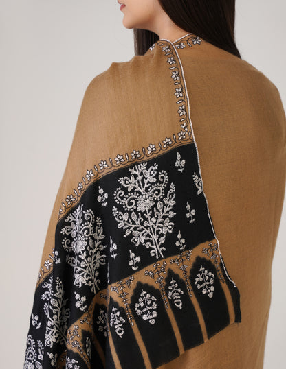 Kashmiri Handwoven Pashmina Sozni Shawl Modern Design – Black &amp; Brown | Handwoven Heritage - Kashmir Box