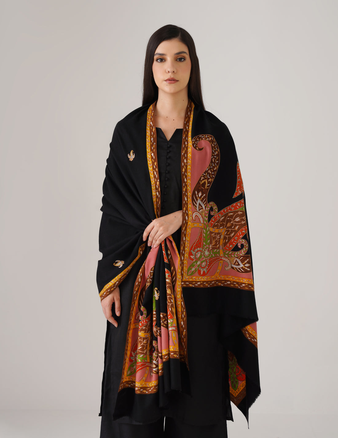 Kashmiri Handwoven Pashmina Sozni Shawl Modern Embroidery – Black | Handwoven Heritage - Kashmir Box