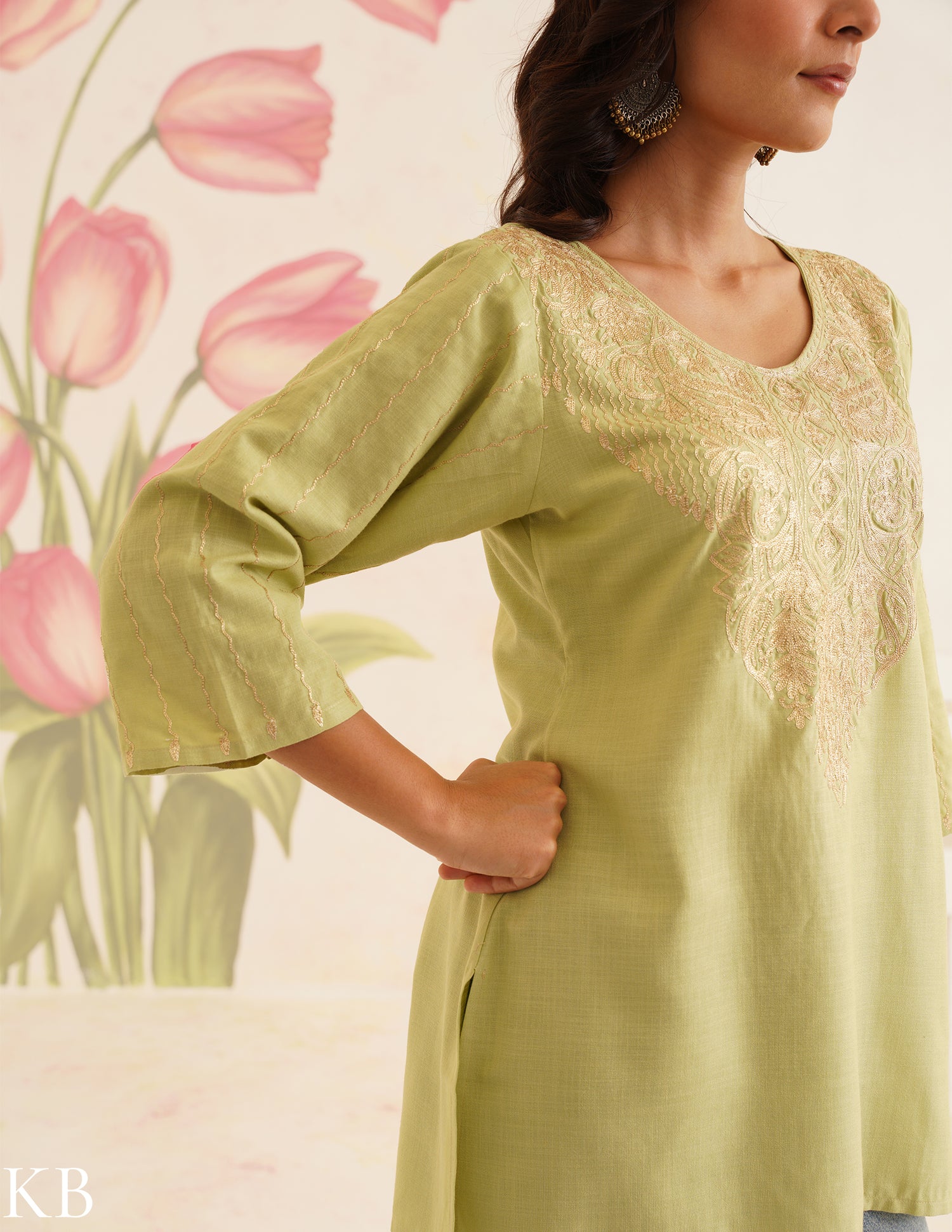 Light Green Kurti with Golden Zari Embroidery | Bahaar Collection 2025 KashmirBox.com Light Green Kurti with Golden Zari Embroidery | Bahaar Collection 2025 KashmirBox.com