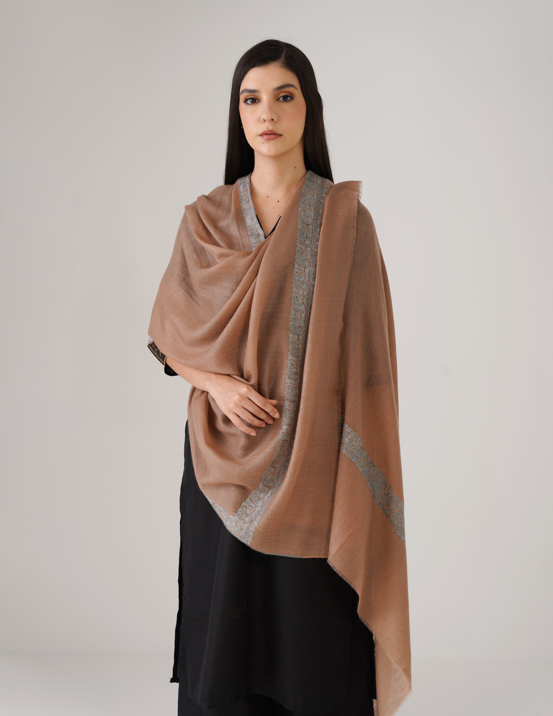 Kashmiri Handwoven Pashmina Sozni Shawl Doredaar – Fawn | Sky Blue &amp; Violet Sozni Heritage - Kashmir Box