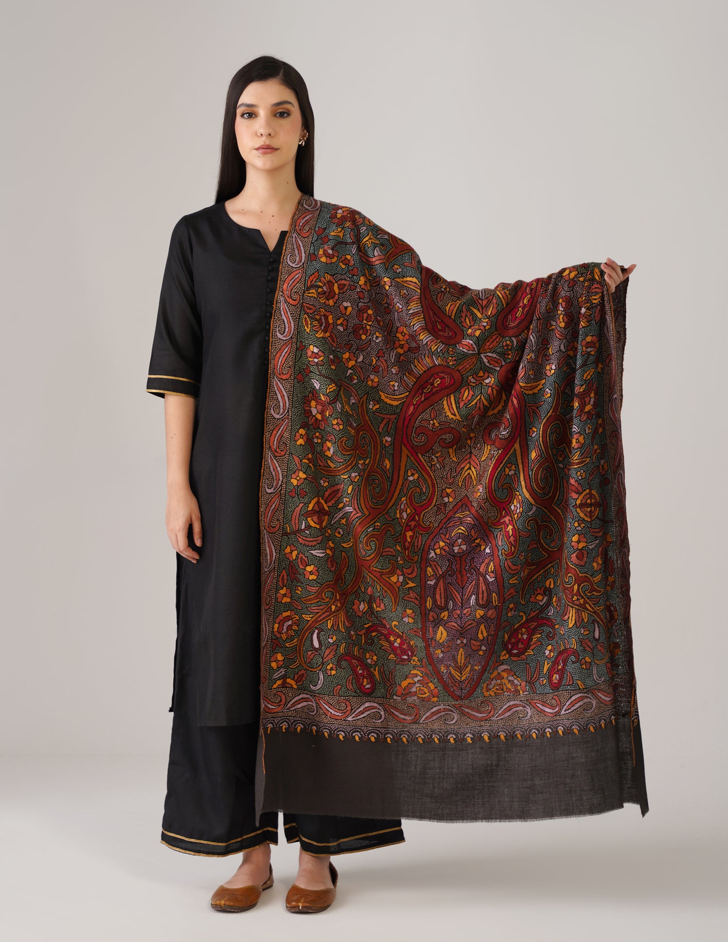 Kashmiri Handwoven Pashmina Sozni Shawl Jaalidar – Black &amp; Grey | Handwoven Heritage - Kashmir Box