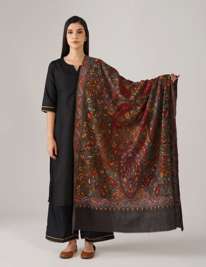 Kashmiri Handwoven Pashmina Sozni Shawl Jaalidar – Black &amp; Grey | Handwoven Heritage - Kashmir Box