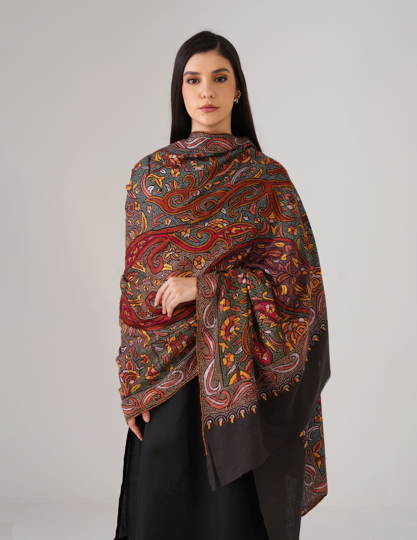 Kashmiri Handwoven Pashmina Sozni Shawl Jaalidar – Black &amp; Grey | Handwoven Heritage - Kashmir Box