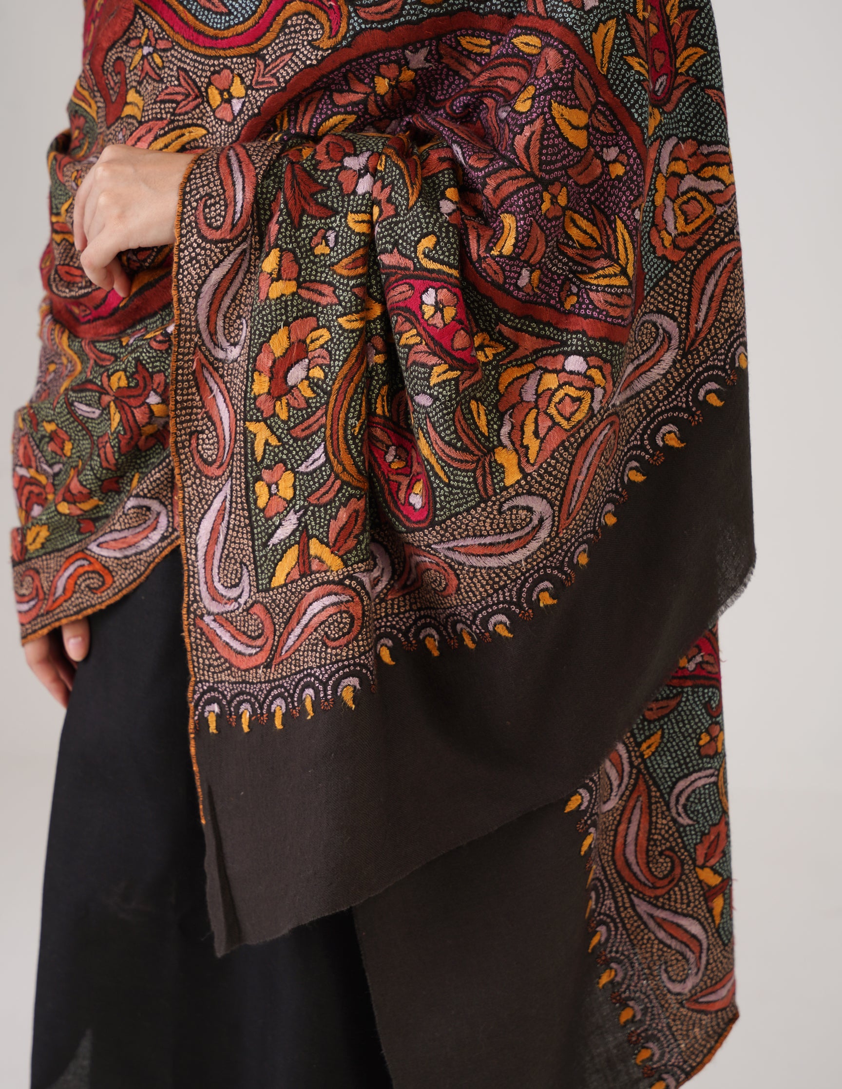 Kashmiri Handwoven Pashmina Sozni Shawl Jaalidar – Black &amp; Grey | Handwoven Heritage - Kashmir Box