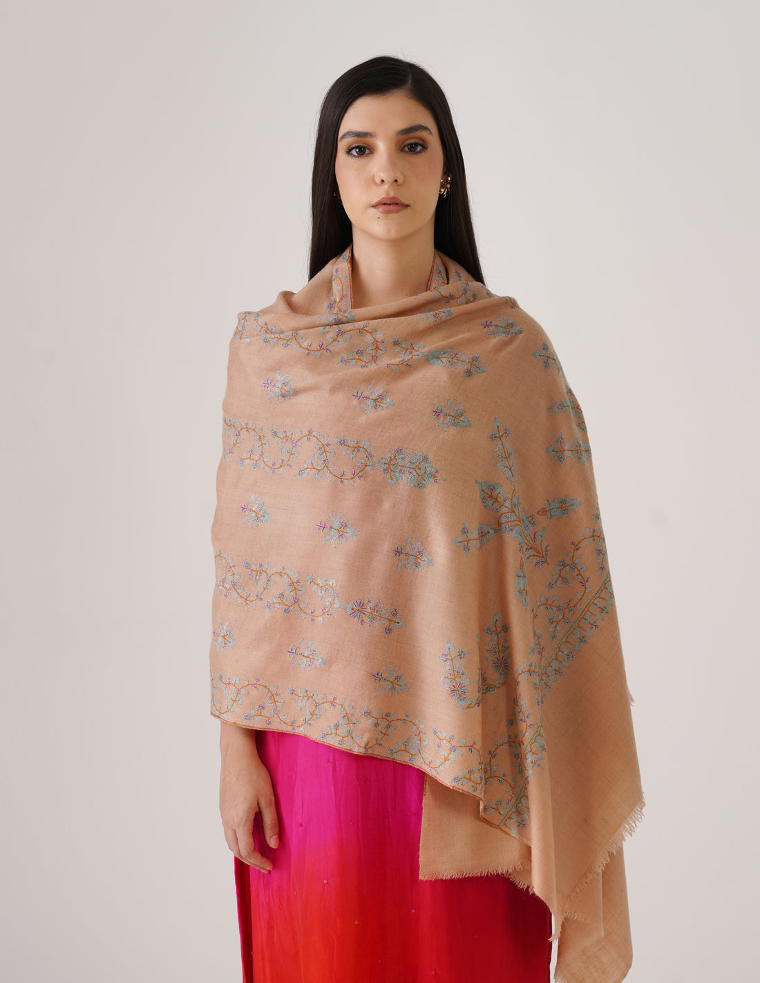 Kashmiri Handwoven Pashmina Sozni Stole Modern Design – Almond with Blue Embroidery | Handwoven Heritage - Kashmir Box