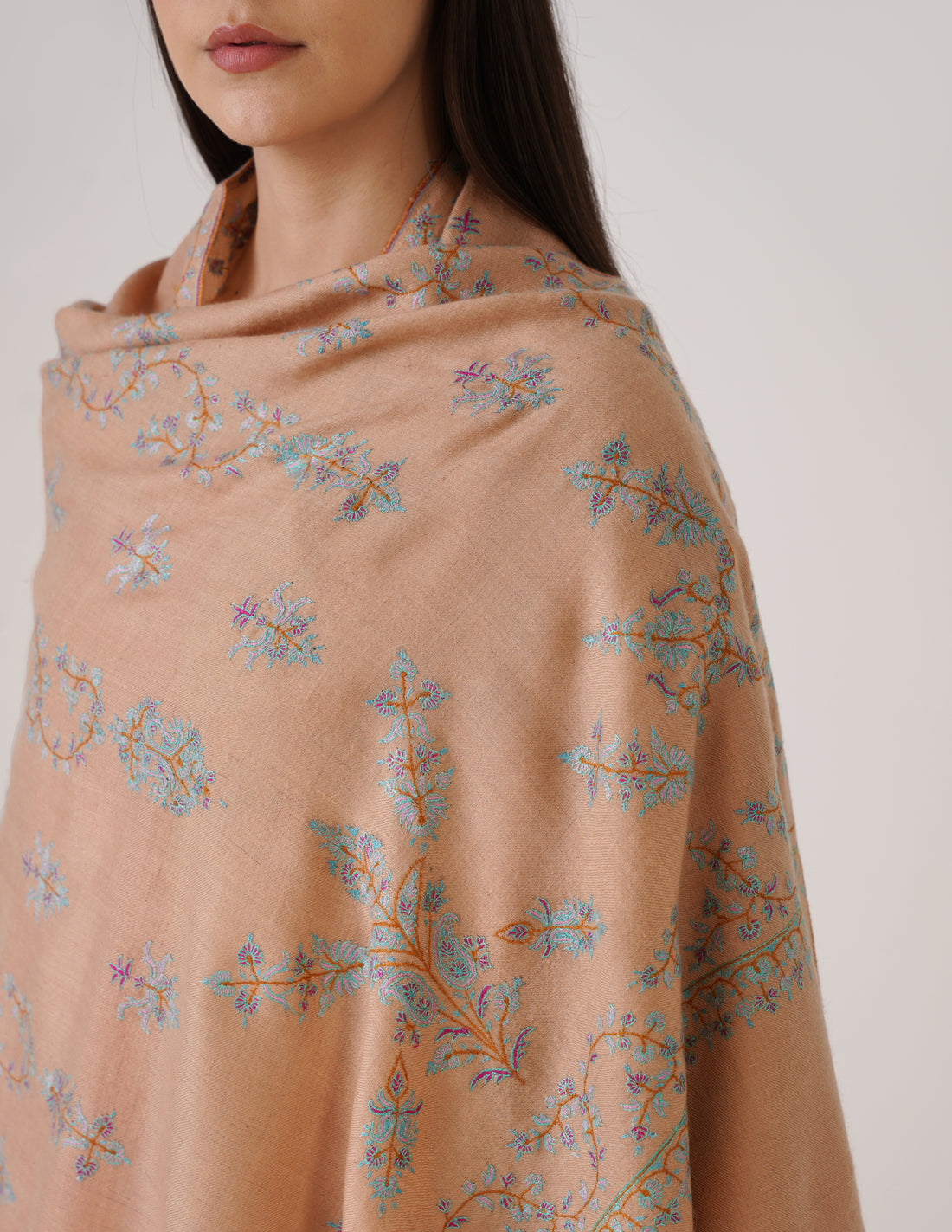 Kashmiri Handwoven Pashmina Sozni Stole Modern Design – Almond with Blue Embroidery | Handwoven Heritage - Kashmir Box