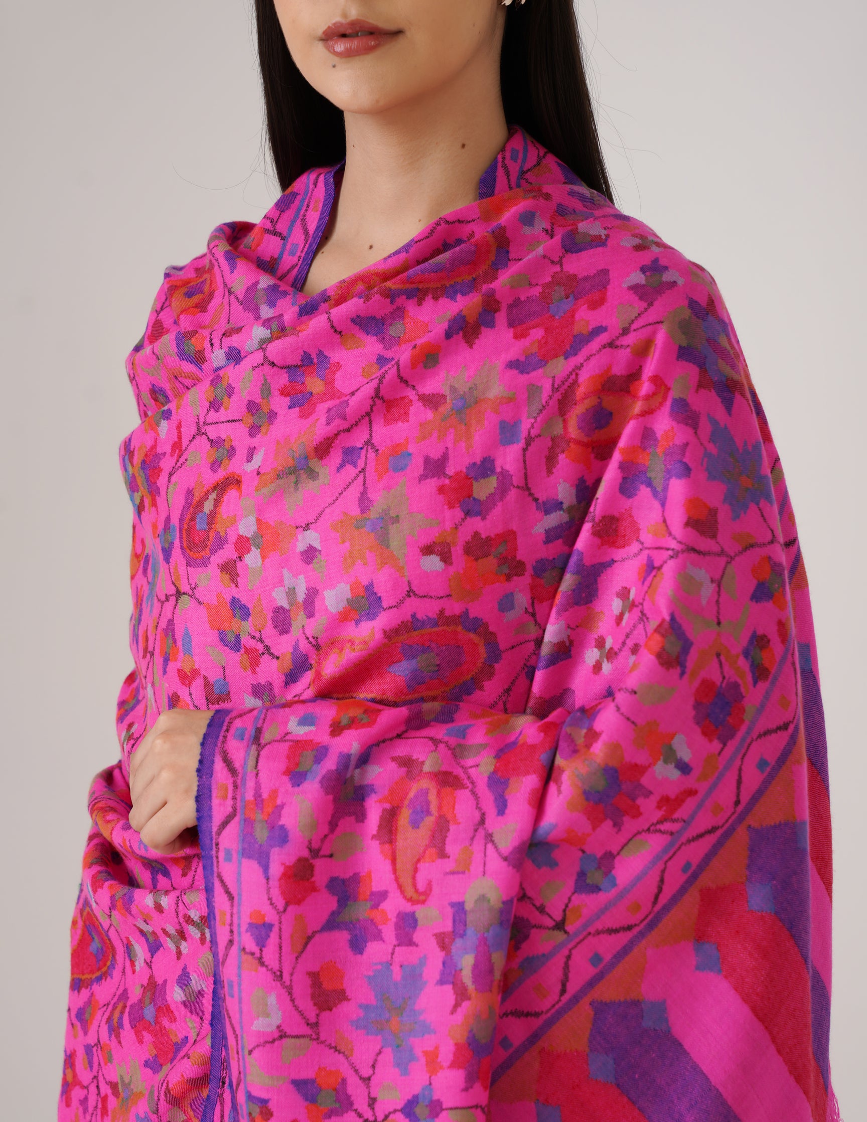 Kashmiri Handwoven Kani Embroidered Pashmina Shawl – Pink | Kalamkari Heritage - Kashmir Box