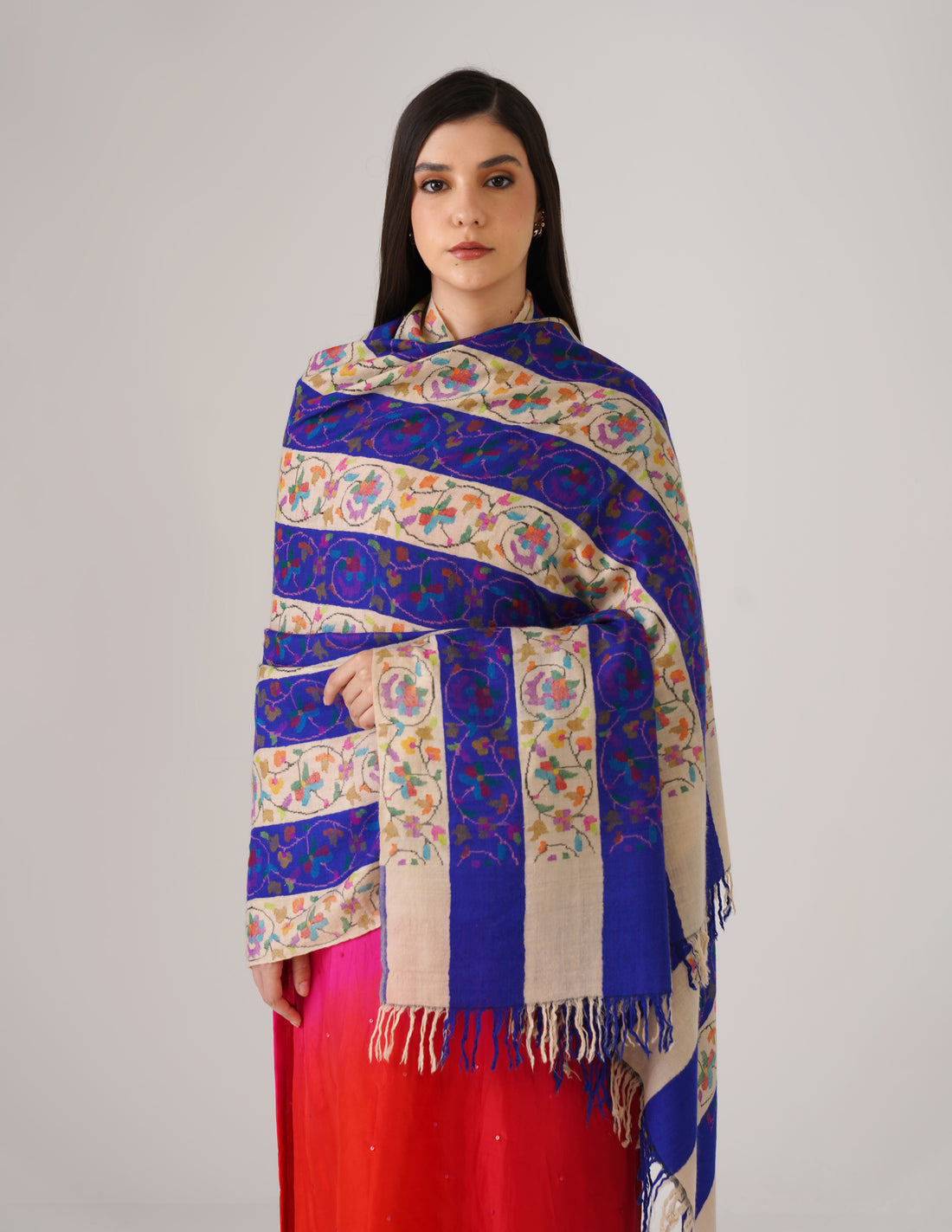 Kashmiri Handwoven Kani Embroidered Pashmina Shawl – Off White &amp; Blue | Kalamkari Heritage - Kashmir Box